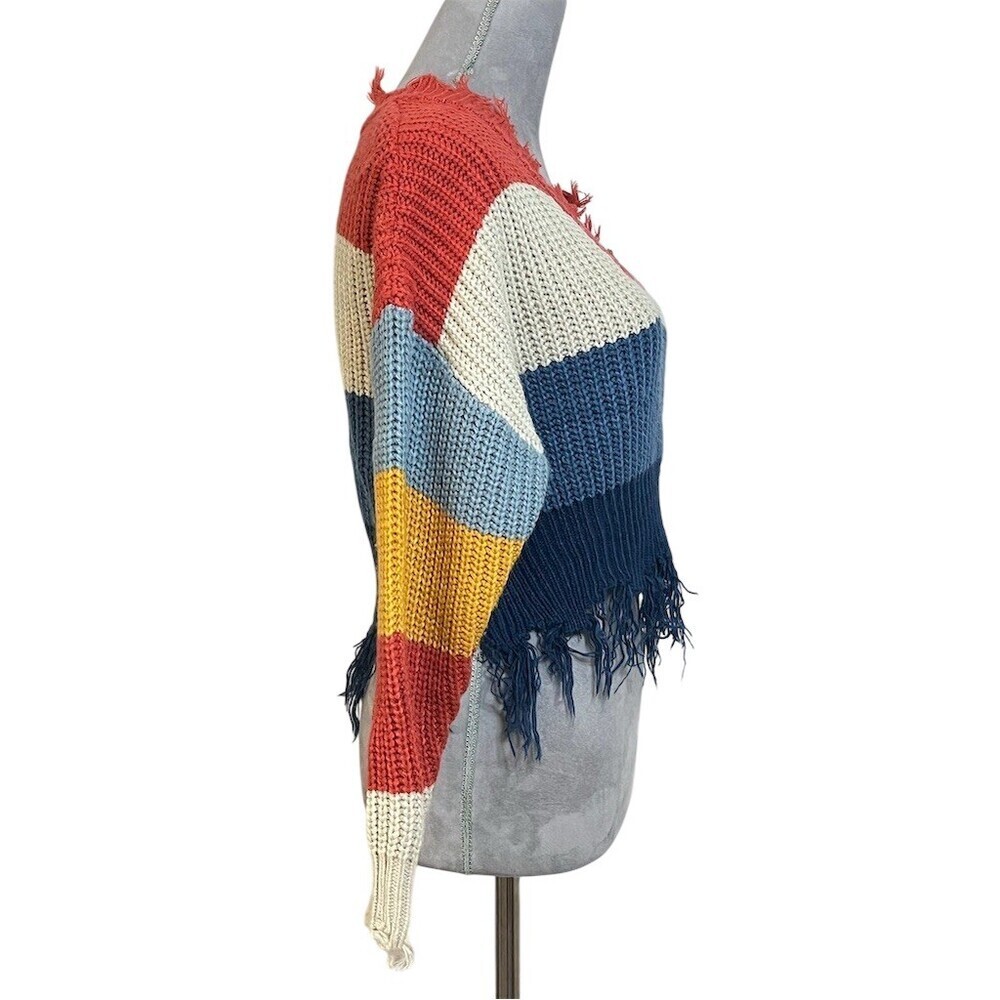 Coco + Jaimeson Cropped Stripped Sweater S Multicolor Fringe Hem Spring Cozy - Picture 5 of 9